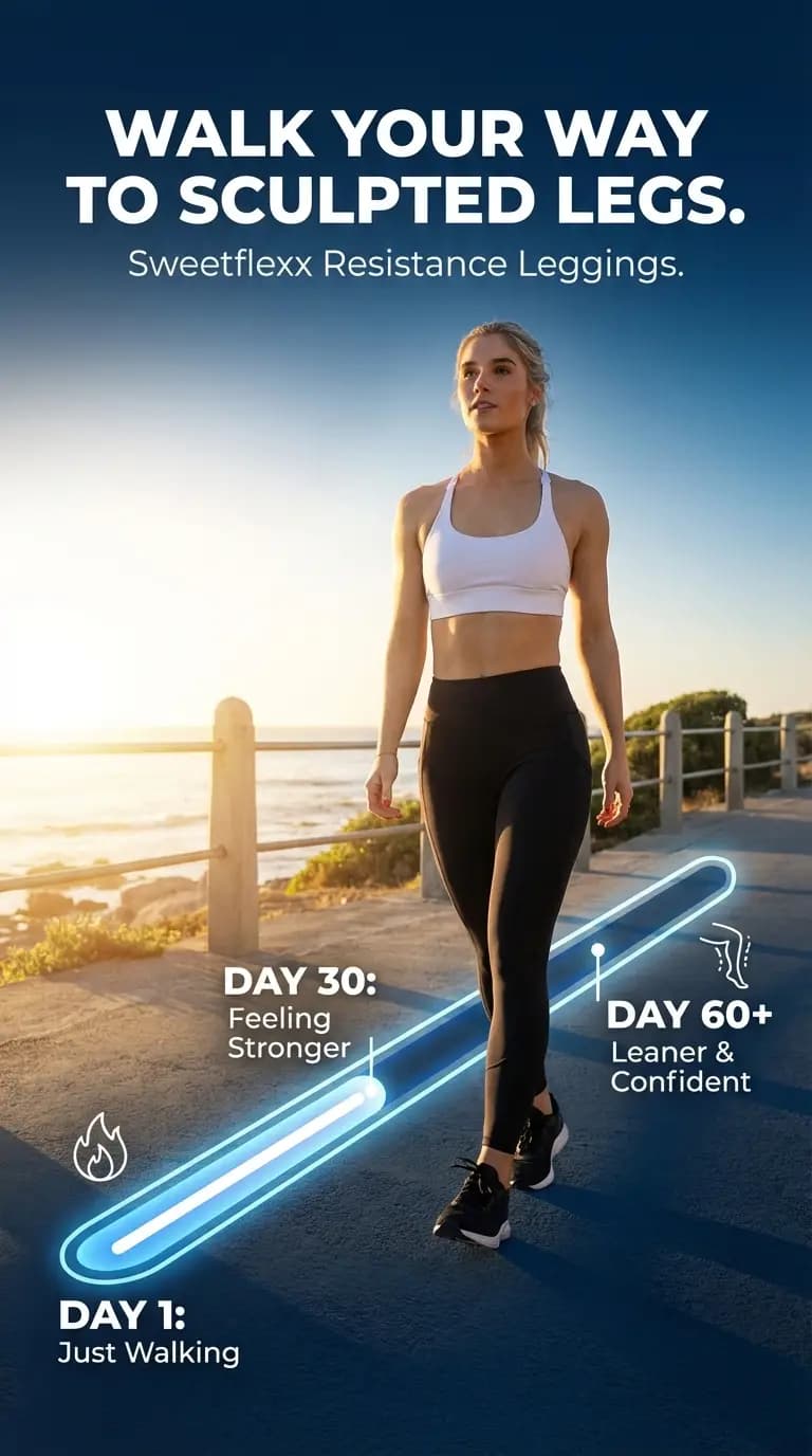 Sweetflexx resistance leggings ad — woman walking a coastal path, day 1 to day 60 progress timeline