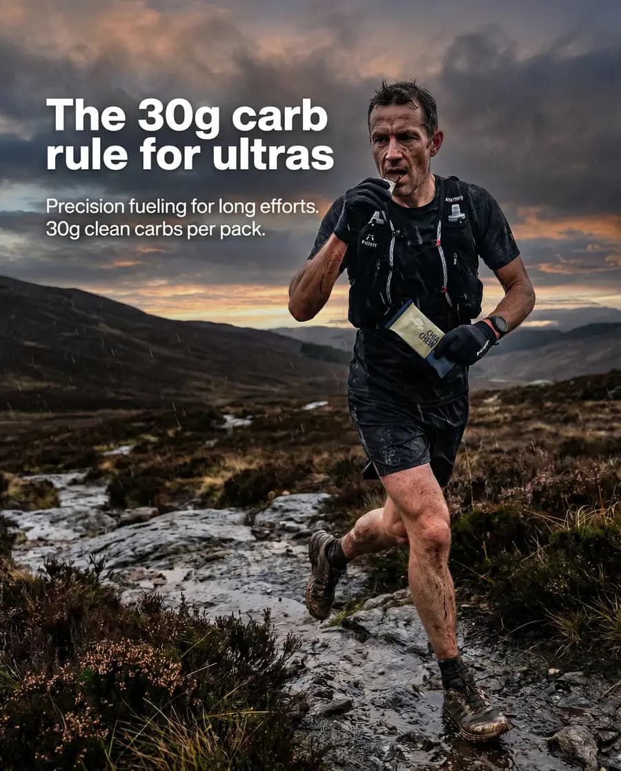 30g carb fuel ad — trail runner crossing the Scottish highlands at dusk
