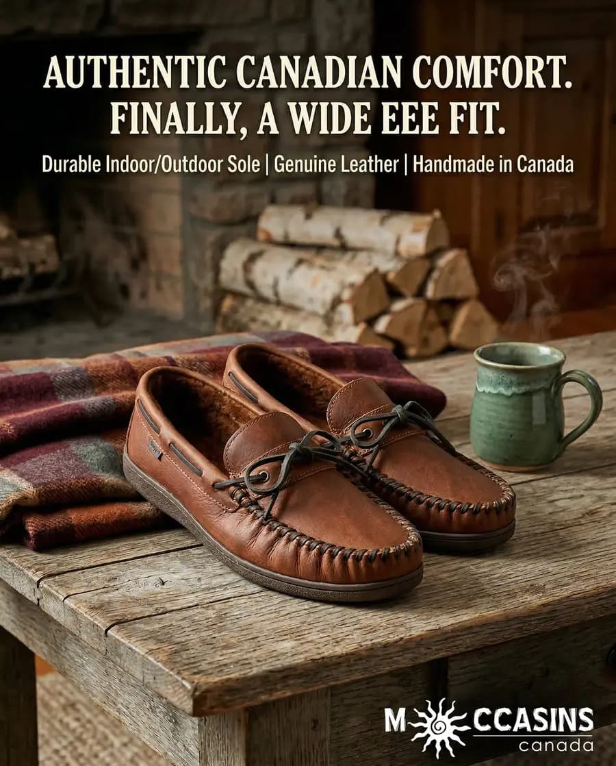Moccasins Canada ad — leather moccasins on a wooden table beside a fireplace