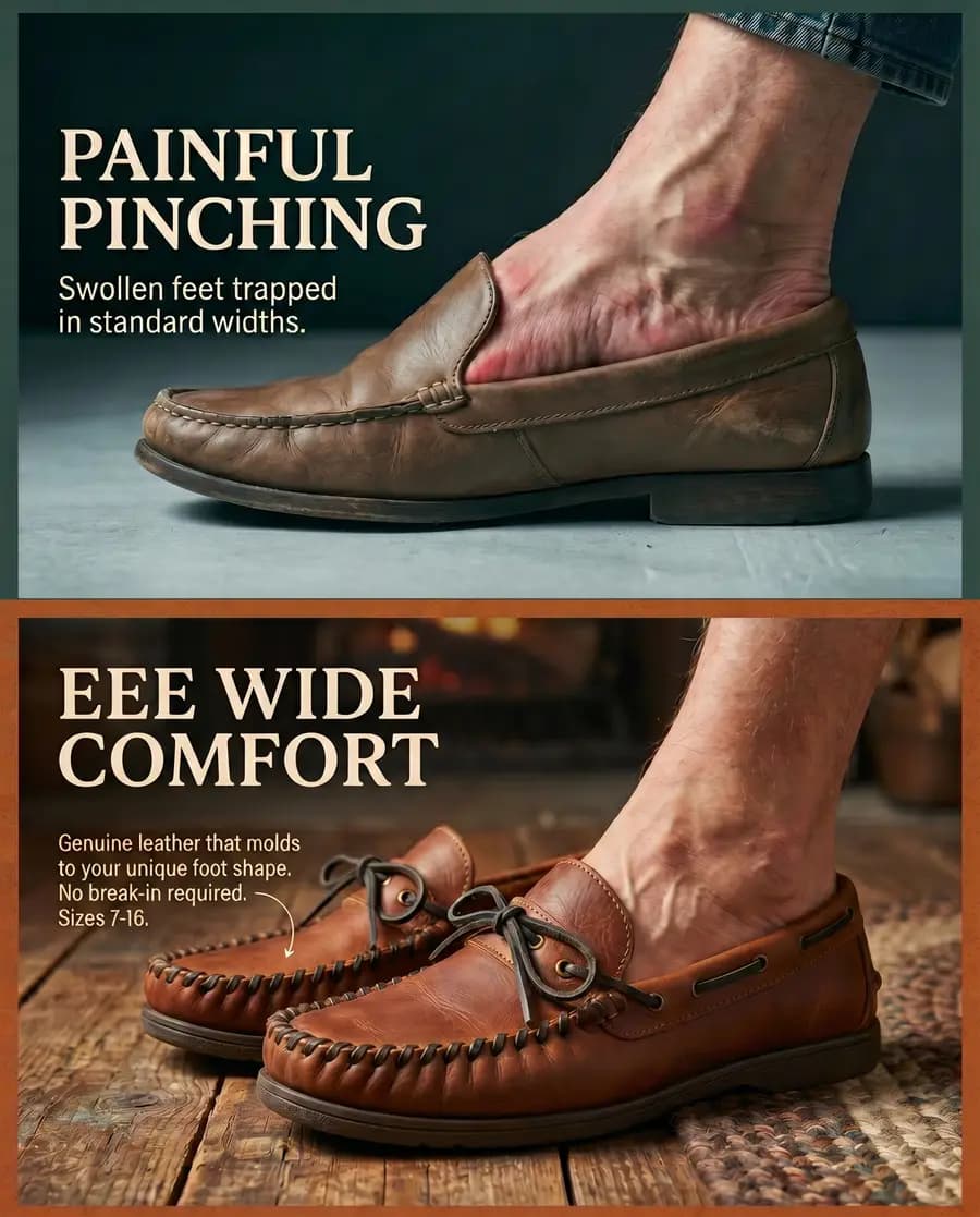 Moccasins Canada ad — split comparison of a foot pinched in a standard shoe against an EEE wide moccasin