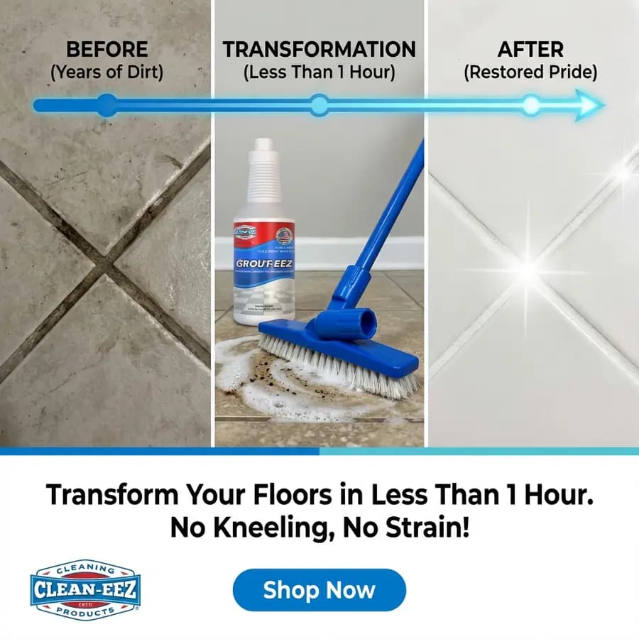 Grout-Eez ad — three-panel before, during and after of a tiled floor being cleaned