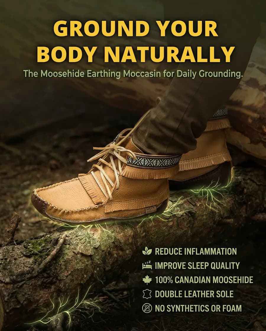 Moccasins Canada earthing ad — moosehide moccasins on a forest log with grounding benefits listed