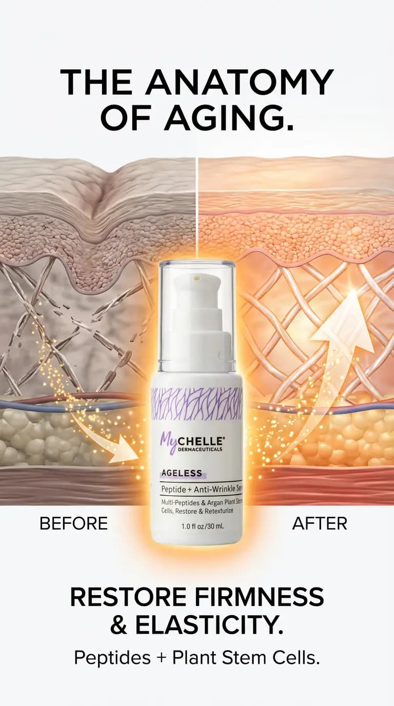 MyCHELLE anti-wrinkle serum ad — cross-section diagram of skin before and after treatment