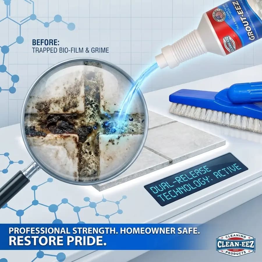 Grout-Eez ad — magnified grout grime being lifted, headlined “Professional strength, homeowner safe”