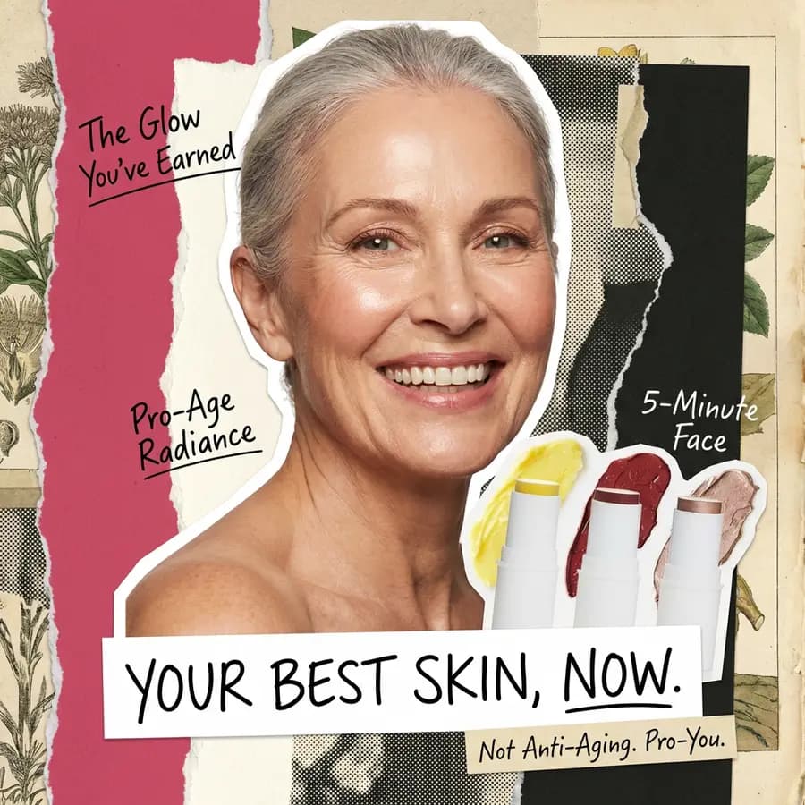 Pro-age makeup ad — smiling woman on a torn-paper collage, headlined “Your best skin, now”