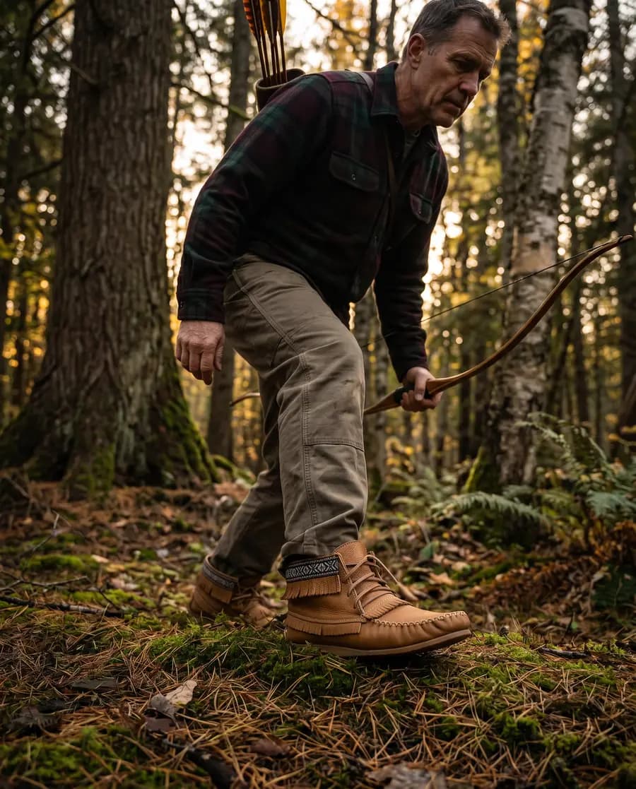 Moccasins Canada ad — archer walking through autumn forest in moosehide moccasins