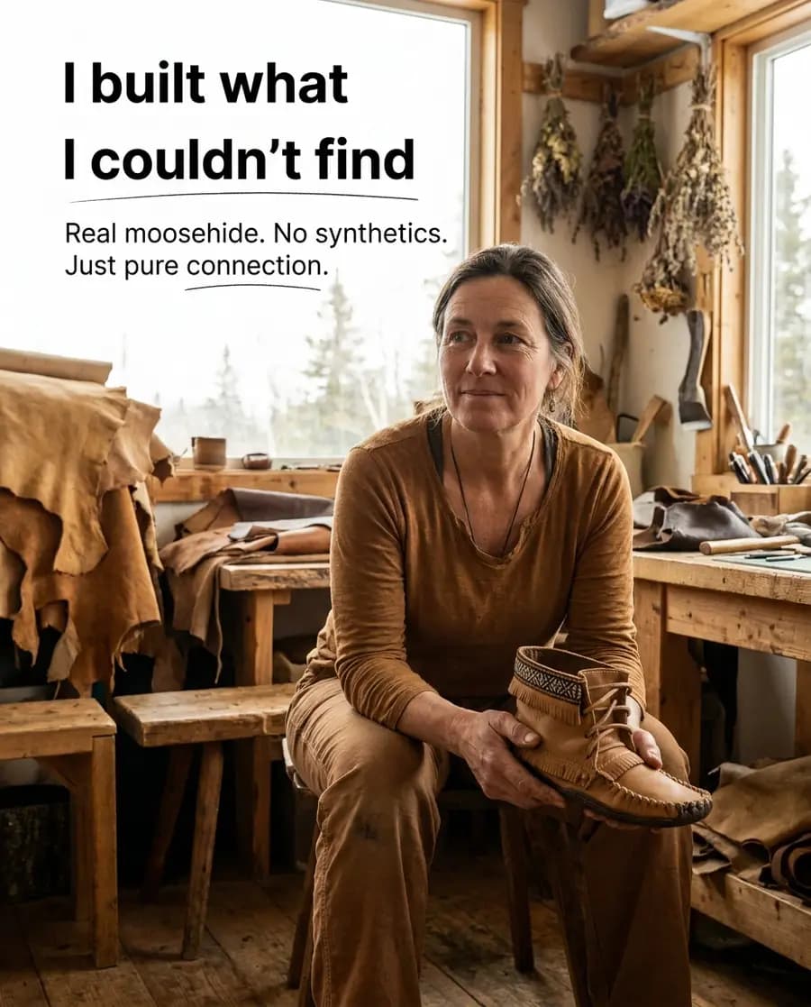 Moccasins Canada founder ad — maker in her leather workshop holding a finished moccasin